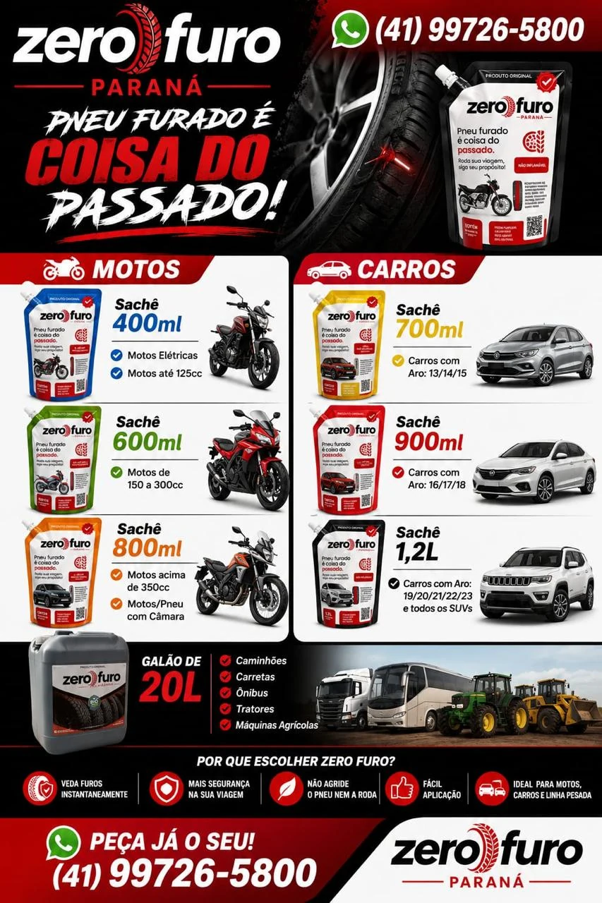 Tabela de produtos Zero Furo Paraná: sachês para motos (400, 600 e 800 mL), carros (700 mL, 900 mL e 1,2 L) e galão de 20 L para linha pesada